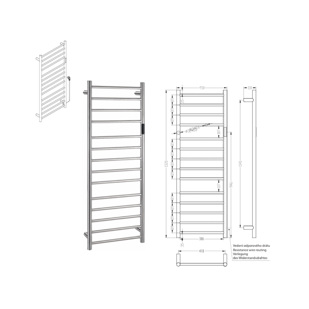 Elektrischer Handtucheizkörper 450 × 1320 mm, 180 W, Chrom