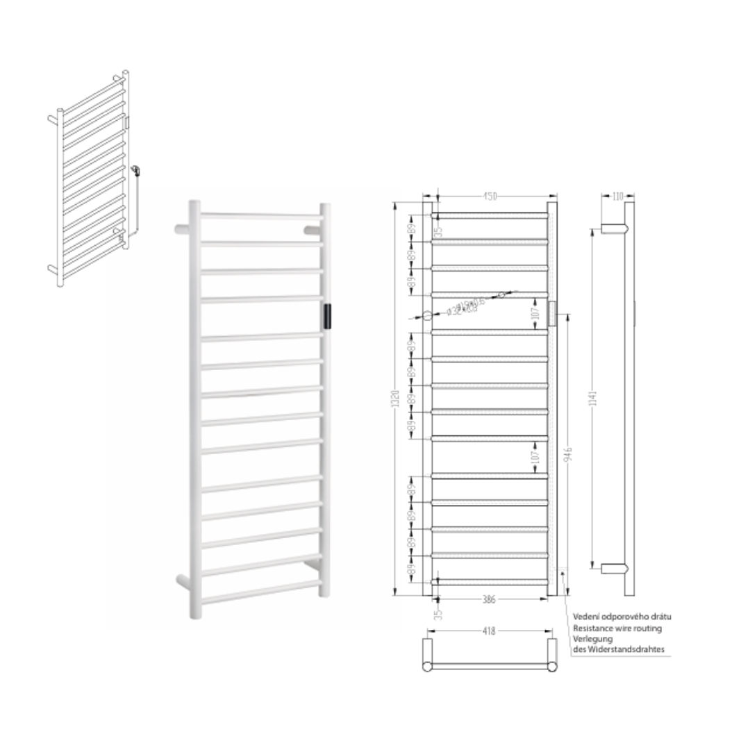 Elektrischer Handtuchheizkörper 450 × 1320 mm, 180 W, weiss