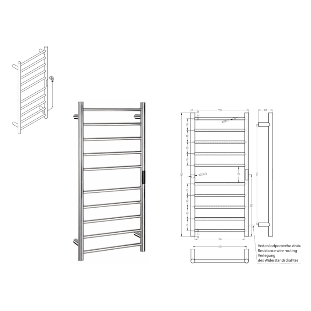Elektrischer Handtuchtheizkörper 450 × 960 mm, 130 W, Chrom