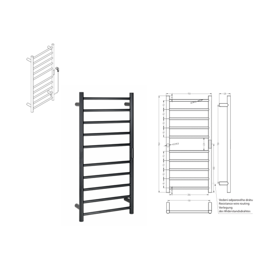 Elektrischer Handtuchheizkörper 450 × 1320 mm, 180 W, schwarz