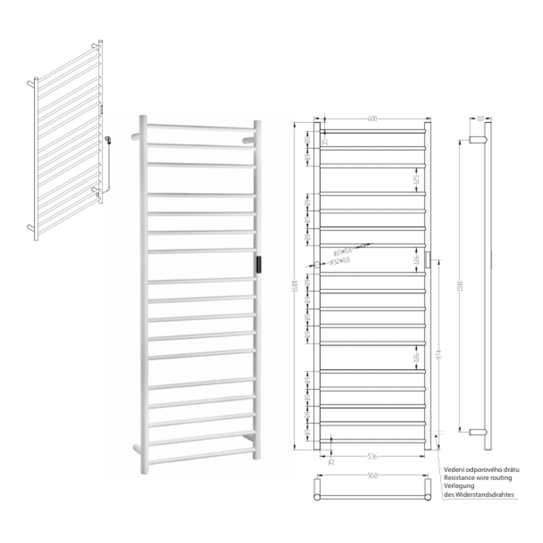 Elektrischer Handtuchheizkörper 600 × 1680 mm, 285 W, weiss