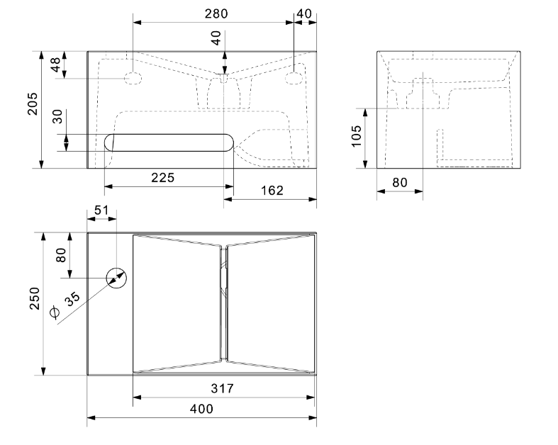 Waschbecken Design Split M 400x250mm, Ablage links