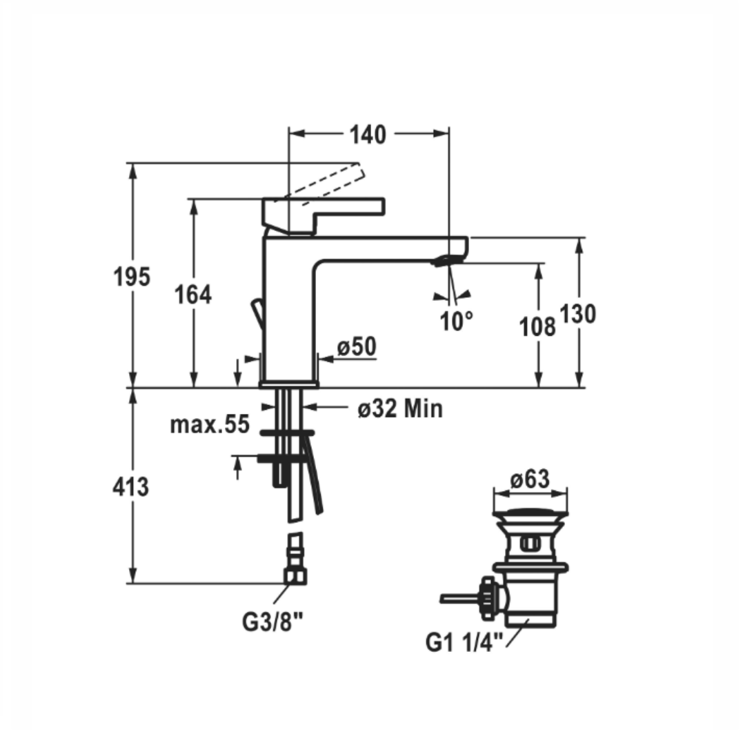 Waschtischmischer KWC FIT A 140 mit Ablaufgarnitur / Chrom