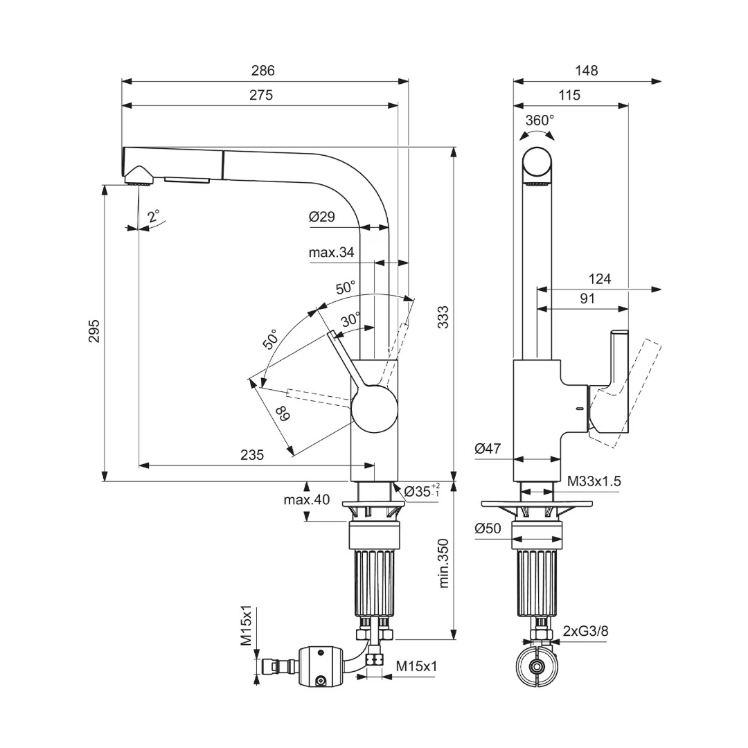 Küchenarmatur L-Auslauf mit Auszugsbrause Ideal Standard Gusto, Chrom