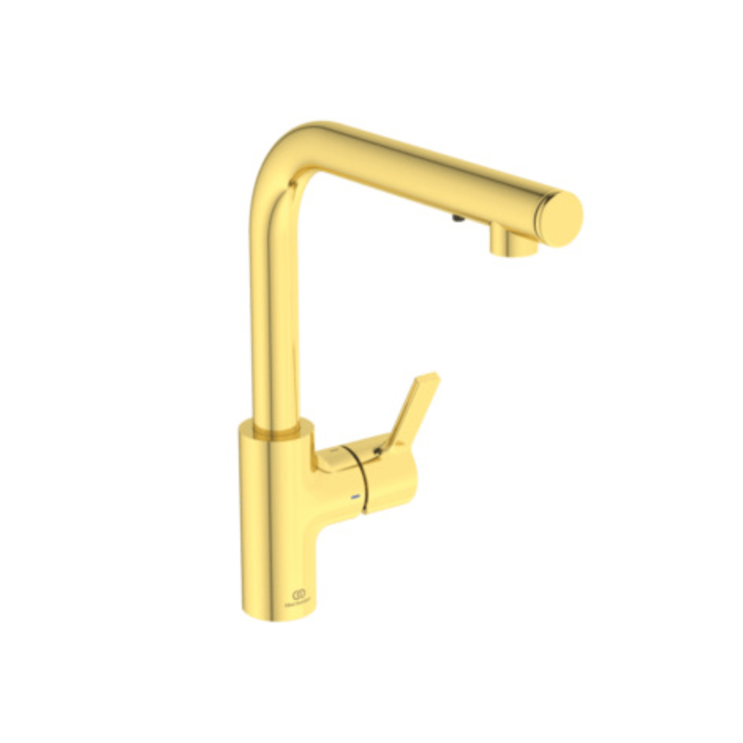 Küchenarmatur L - Auslauf mit Seifenspender Ideal Standard Gusto, Gold gebürstet - swiss vfg - ch